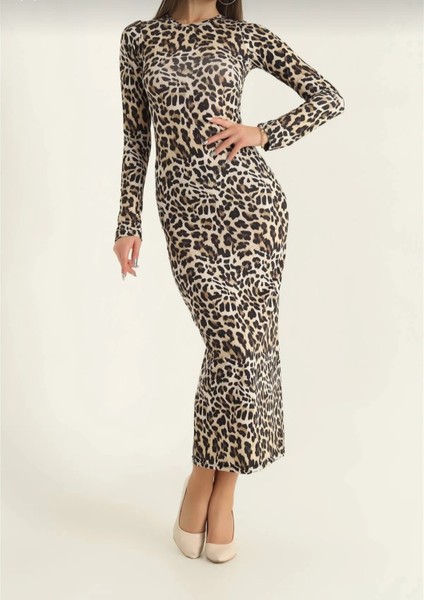 Leopar Desenli Maxi Elbise