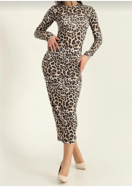 Leopar Desenli Maxi Elbise