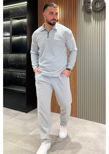 Erkek Yarım Fermuarlı Keten Sweat Pantolon İkili Takım