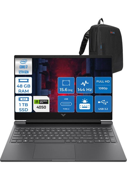 Victus 15-FA1073NT Intel Core I7 12650H 48GB 1tb SSD 6GB/RTX4050/75W Fhd 144Hz IPS 9ms 15.6" Freedos HPB10MZEAF13 + Zettaçanta