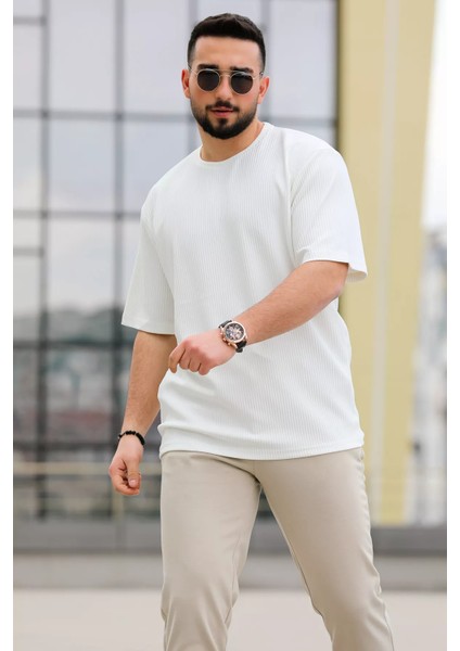 Kendinden Çizgi Desenli Bisiklet Yaka Erkek Tişört