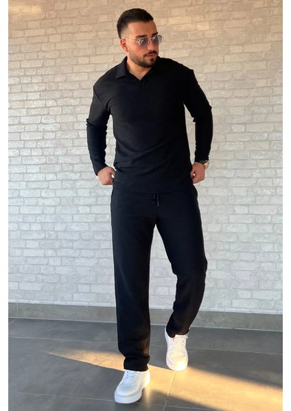 Erkek Polo Yaka Keten Sweat Pantolon İkili Takım