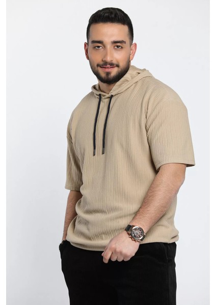 Çizgi Desenli Kapüşonlu Erkek Spor Tişört