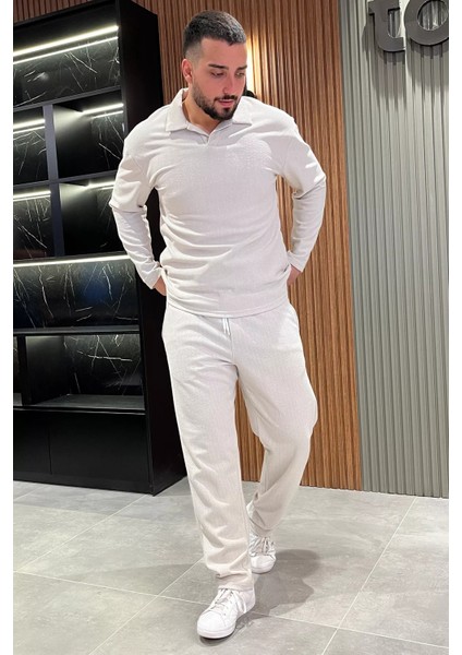 Erkek Polo Yaka Keten Sweat Pantolon İkili Takım