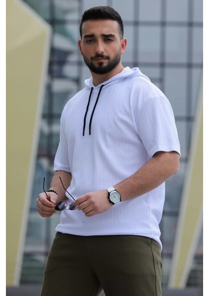 Çizgi Desenli Kapüşonlu Erkek Spor Tişört