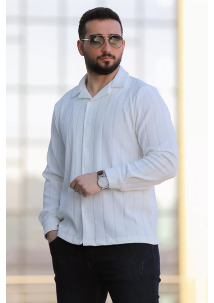Kendinden Çizgi Desenli Uzun Kol Erkek Gömlek