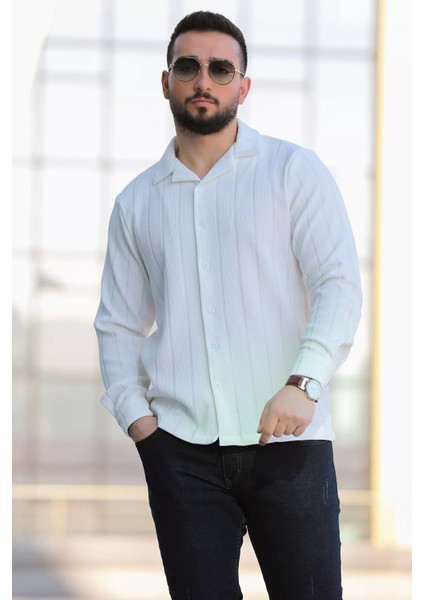 Kendinden Çizgi Desenli Uzun Kol Erkek Gömlek