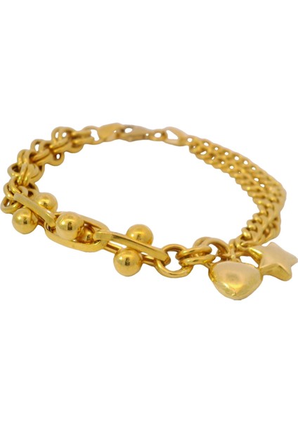 Farklı Zincirlerden Tasarım Sallantılı Yıldız ve Kalp Detaylı Sarı Altın Bileklik