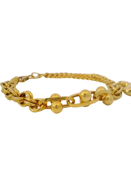 Farklı Zincirlerden Tasarım Sallantılı Yıldız ve Kalp Detaylı Sarı Altın Bileklik fiyatları