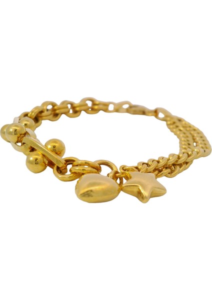 Farklı Zincirlerden Tasarım Sallantılı Yıldız ve Kalp Detaylı Sarı Altın Bileklik modelleri