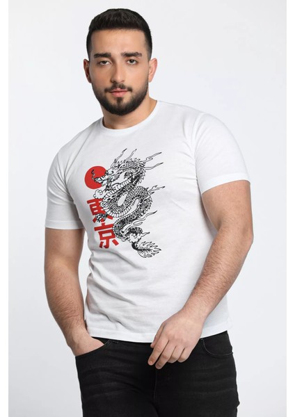 Ejderha Baskılı Bisiklet Yaka Erkek Tişört
