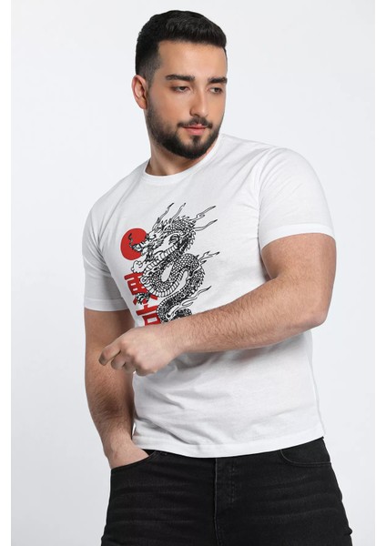 Ejderha Baskılı Bisiklet Yaka Erkek Tişört fiyatları