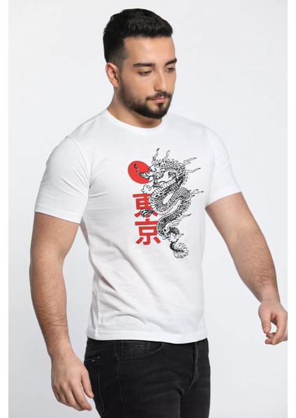 Ejderha Baskılı Bisiklet Yaka Erkek Tişört modelleri