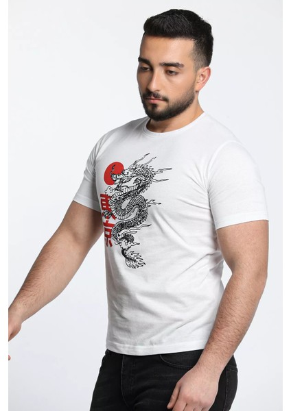 Ejderha Baskılı Bisiklet Yaka Erkek Tişört fırsatları