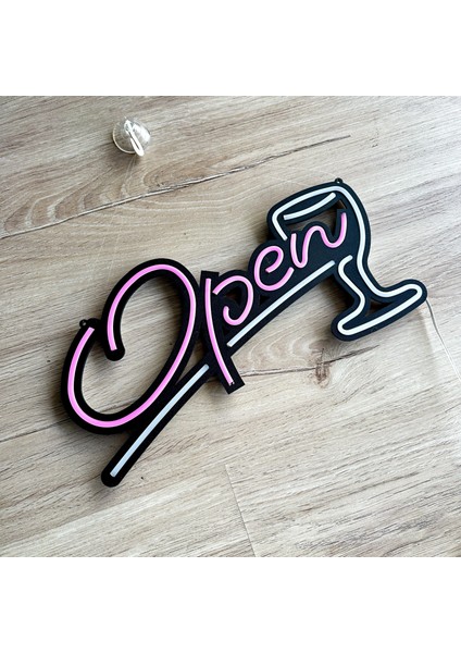 Neon LED Tabela Dekoratif Metal Aydınlatma - Open (Açık), Kadeh, Pub, Bar, Işyeri Dekor 28 cm (En) x 17 cm (Boy)