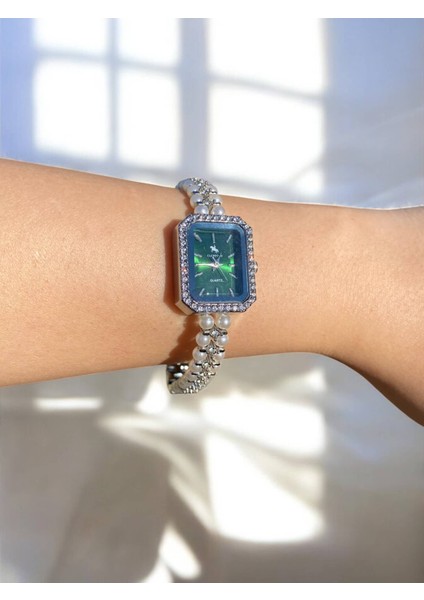 Dikdörtgen Zümrüt Yeşili Kadranlı Gümüş Inci Kordonlu Kadın Vintage Saat-10 fırsatları