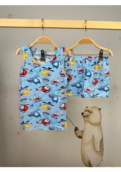 Minykids Helikopter Desen Mavi Erkek Çocuk Atlet Boxer Takım