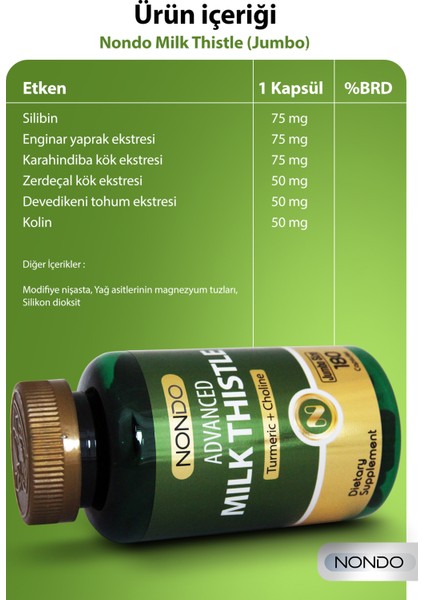 Milk Thistle 180 Kapsül Jumbo Size ( Deve Dikeni, Enginar, Slibin, Kolin, Zerdeçal, Magnezyum)
