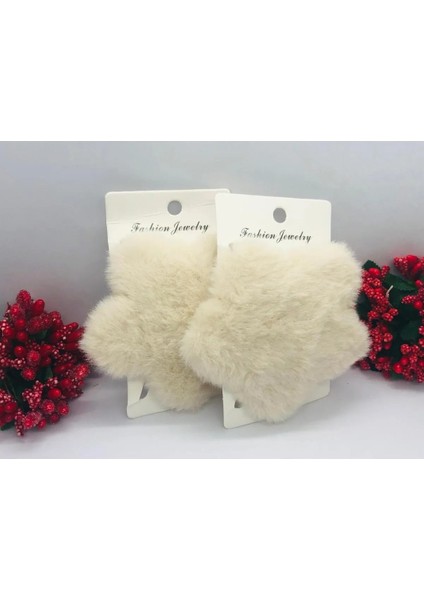 Ekru Peluş Yıldız Çıtçıtlı Saç Tokası 2'li