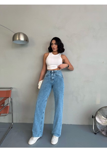 Kadın Punch Tasarım Wide Leg Jean Pantolon indirimleri