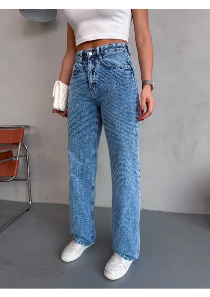 Kadın Punch Tasarım Wide Leg Jean Pantolon