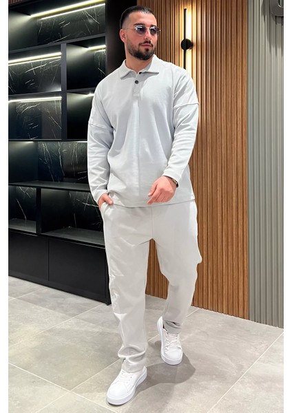 Erkek Double Face Gömlek Yaka Sweat Pantolon İkili Takım