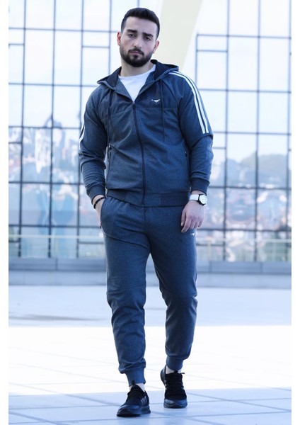Paça Lastikli Kapüşonlu Şerit Detaylı Erkek Eşofman Takımı