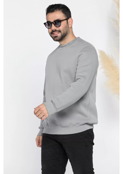 Erkek Yaka Yazı Baskılı Şardonlu Üç Iplik Sweatshirt