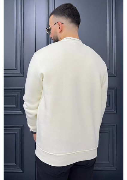 Erkek Yaka Yazı Baskılı Şardonlu Üç Iplik Sweatshirt