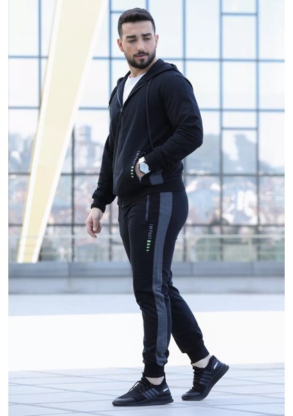 Yan Şerit Detaylı Kapüşonlu Fermuarlı Erkek Eşofman Takımı