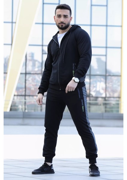 Yan Şerit Detaylı Kapüşonlu Fermuarlı Erkek Eşofman Takımı modelleri