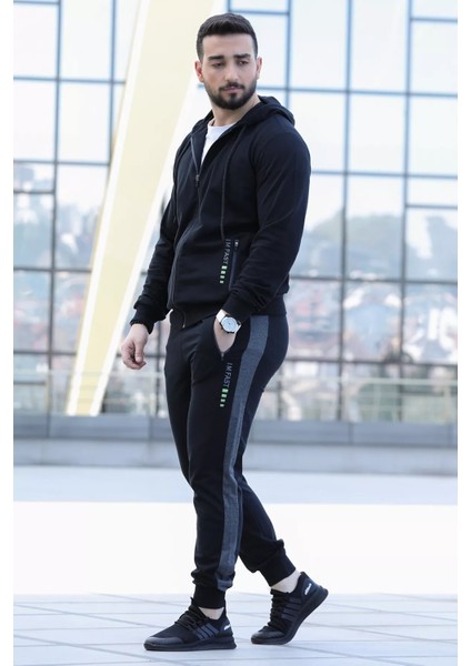 Yan Şerit Detaylı Kapüşonlu Fermuarlı Erkek Eşofman Takımı fırsatları