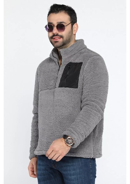 Erkek Dik Yaka Yarım Fermuarlı Peluş Sweatshirt