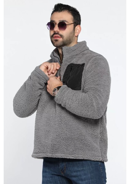 Erkek Dik Yaka Yarım Fermuarlı Peluş Sweatshirt