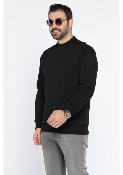Erkek Bisiklet Yaka Nakışlı Şardonlu Üç Iplik Sweatshirt