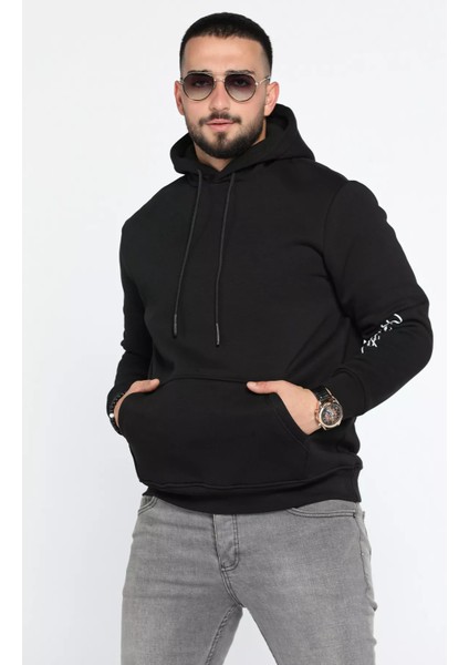 Erkek Kapüşonlu Şardonlu Baskılı Sweatshirt