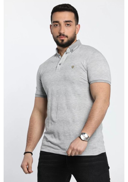 Erkek Kendinden Desenli Likralı Polo Yaka Tişört