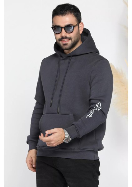 Erkek Kapüşonlu Şardonlu Baskılı Sweatshirt