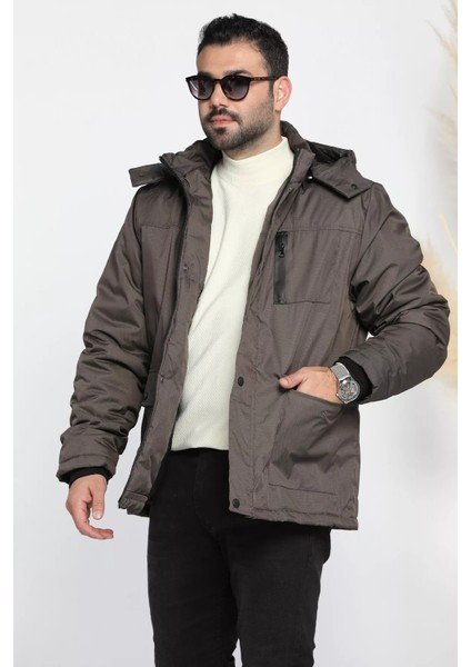 Erkek Astarlı Kapüşonlu Fermuarlı Çıtçıtlı Mont
