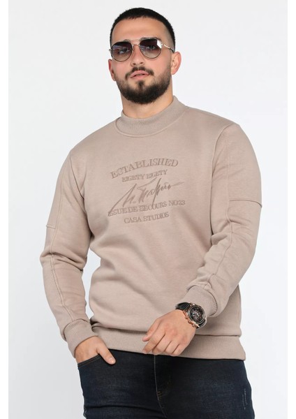 Erkek Bisiklet Yaka Nakışlı Şardonlu Üç Iplik Sweatshirt