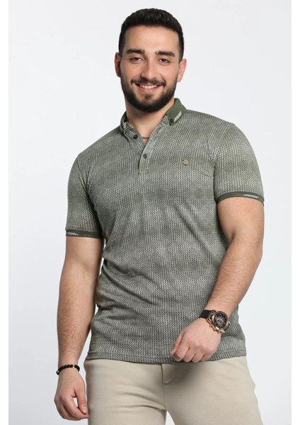 Erkek Kendinden Desenli Likralı Polo Yaka Tişört