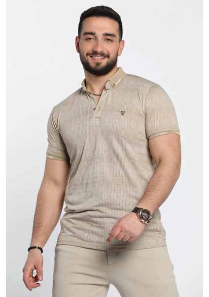 Erkek Kendinden Desenli Likralı Polo Yaka Tişört
