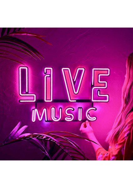 Live Music 2 LED Neon Duvar Dekoru - Bar, Pub, Kafe Tabelası - Pembe