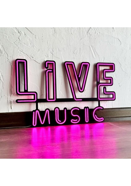 Live Music 2 LED Neon Duvar Dekoru - Bar, Pub, Kafe Tabelası - Pembe