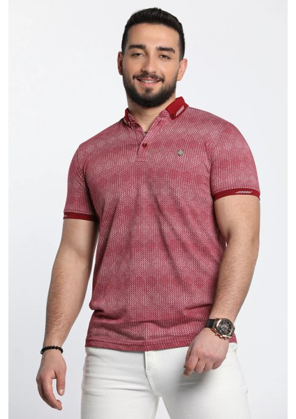 Erkek Kendinden Desenli Likralı Polo Yaka Tişört