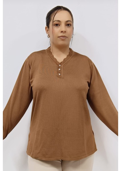 Büyük Beden Ince Merserize Soğuk Ip Kumaş 70 cm Yaka ve Kolu Dantel Detaylı Uzun Kollu Anne Bluz fiyatları