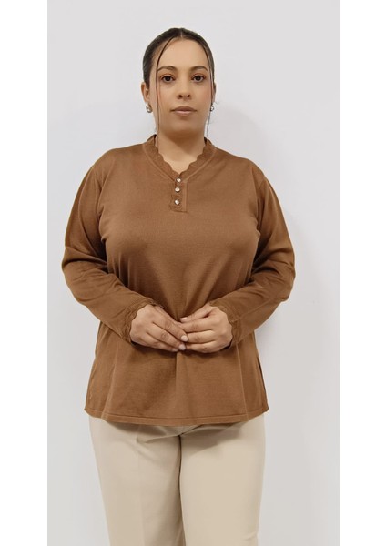 Büyük Beden Ince Merserize Soğuk Ip Kumaş 70 cm Yaka ve Kolu Dantel Detaylı Uzun Kollu Anne Bluz modelleri