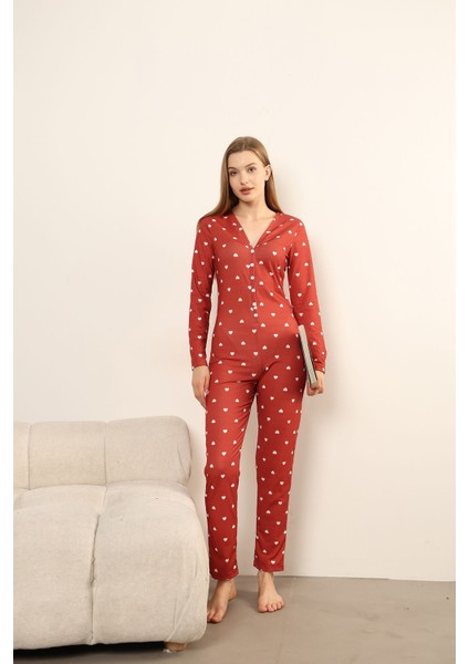 Kırmızı Beyaz Kalp Desenli Uzun Pijama Tulumu
