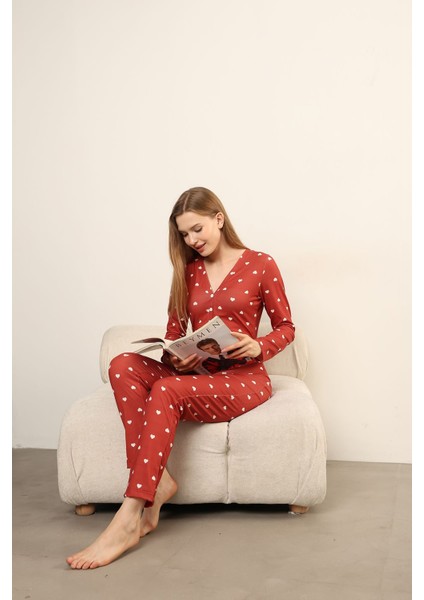 Kırmızı Beyaz Kalp Desenli Uzun Pijama Tulumu
