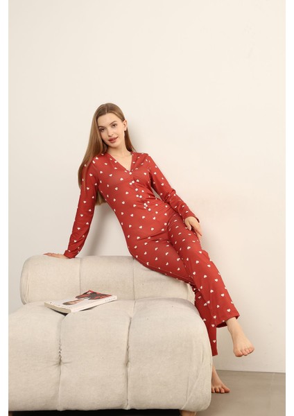 Kırmızı Beyaz Kalp Desenli Uzun Pijama Tulumu